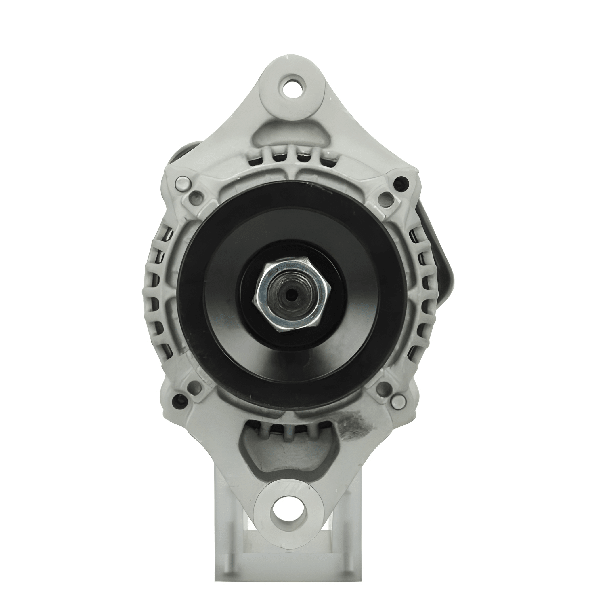 front view of A new 12V Kubota 40A alternator, showcasing a metallic body with a pulley and terminal connections.
