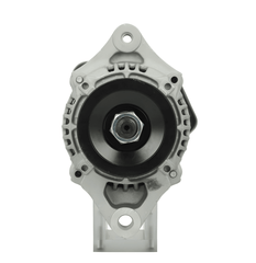 front view of A new 12V Kubota 40A alternator, showcasing a metallic body with a pulley and terminal connections.