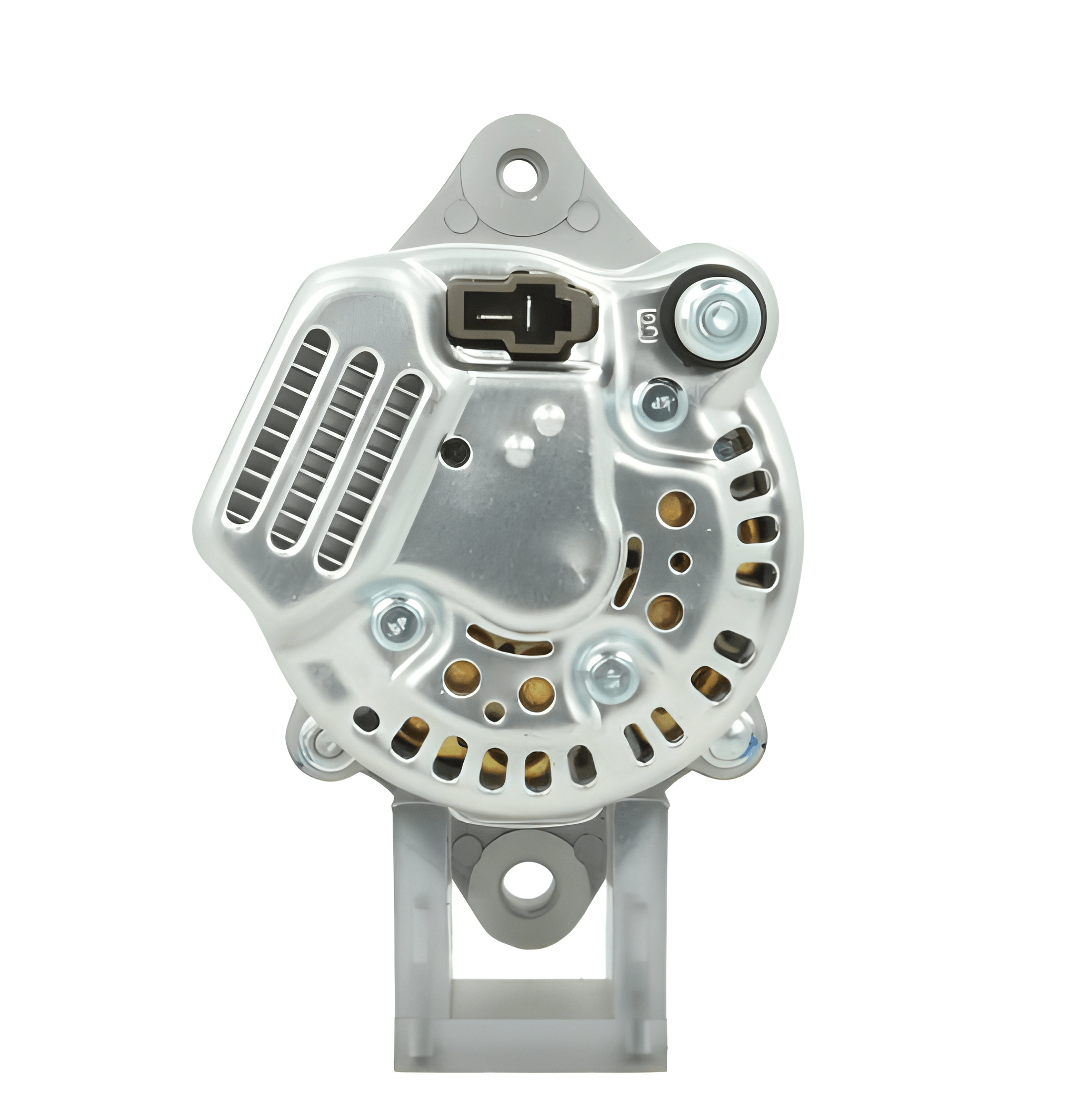 rear view of A new 12V Kubota 40A alternator, showcasing a metallic body with a pulley and terminal connections.