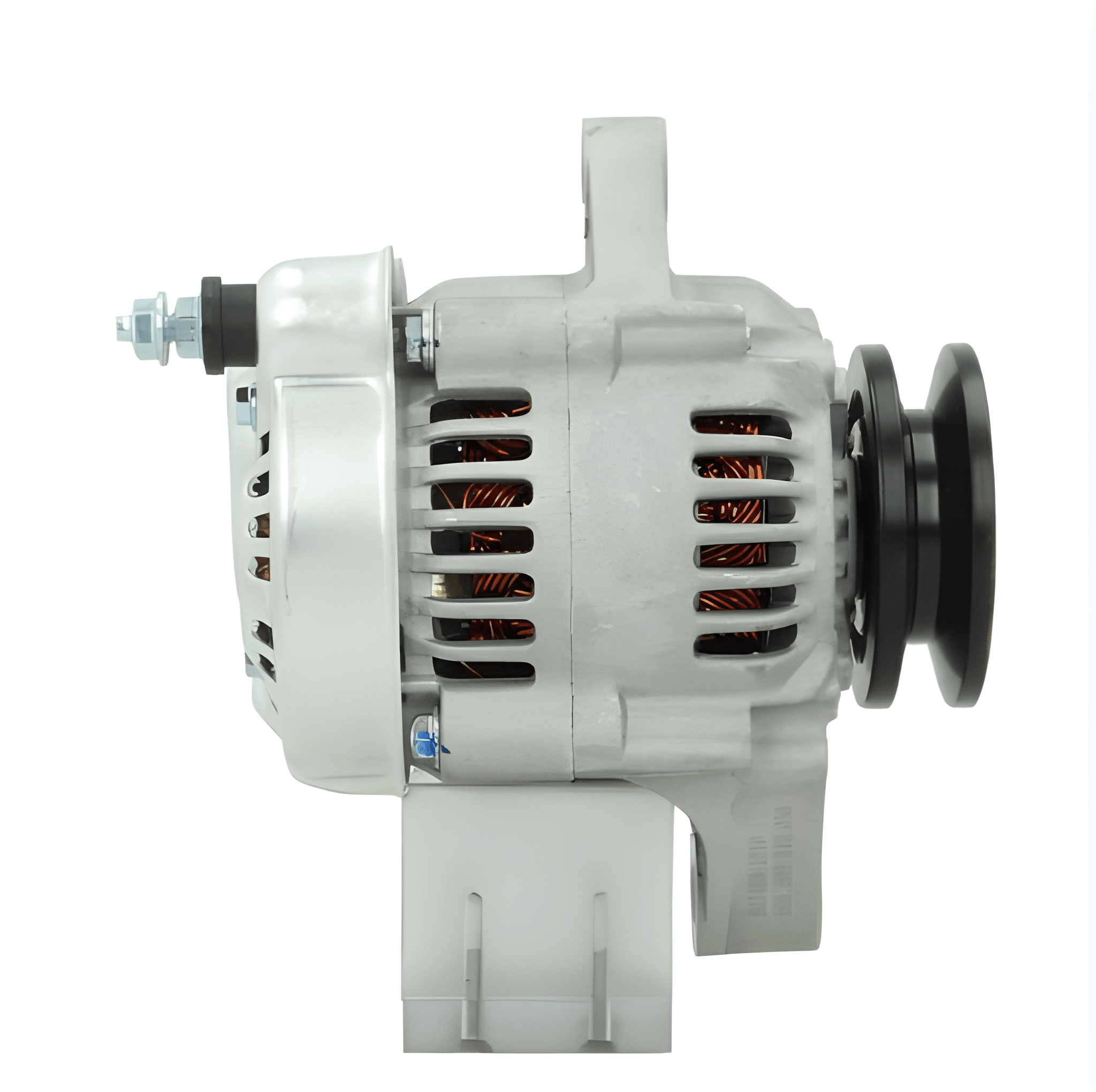 side view of A new 12V Kubota 40A alternator, showcasing a metallic body with a pulley and terminal connections.