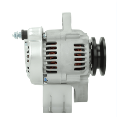 side view of A new 12V Kubota 40A alternator, showcasing a metallic body with a pulley and terminal connections.