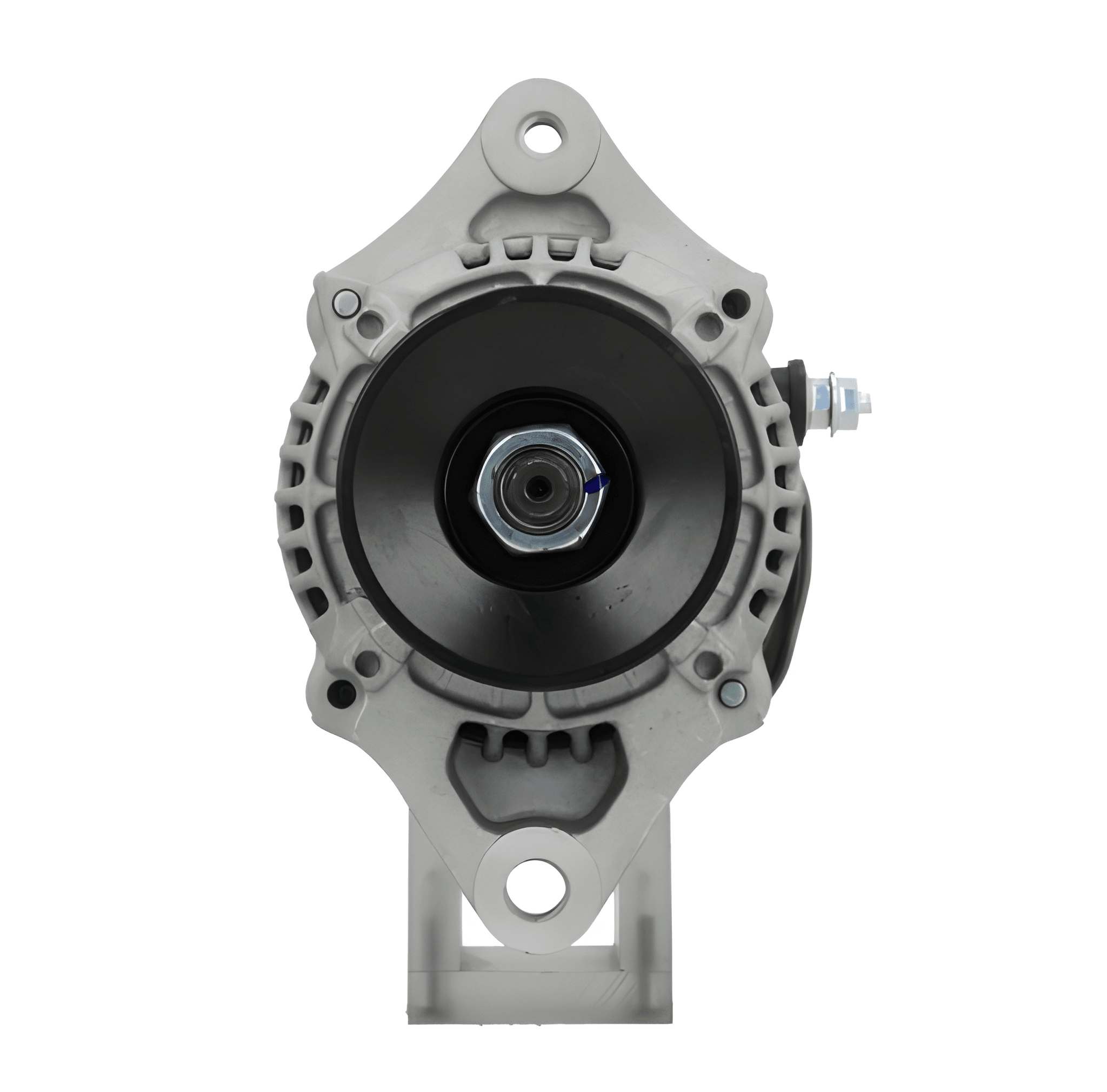 front view of A new Kubota 40A alternator, showcasing a metallic body with a pulley and connection ports. on a white background