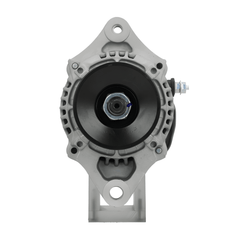 front view of A new Kubota 40A alternator, showcasing a metallic body with a pulley and connection ports. on a white background