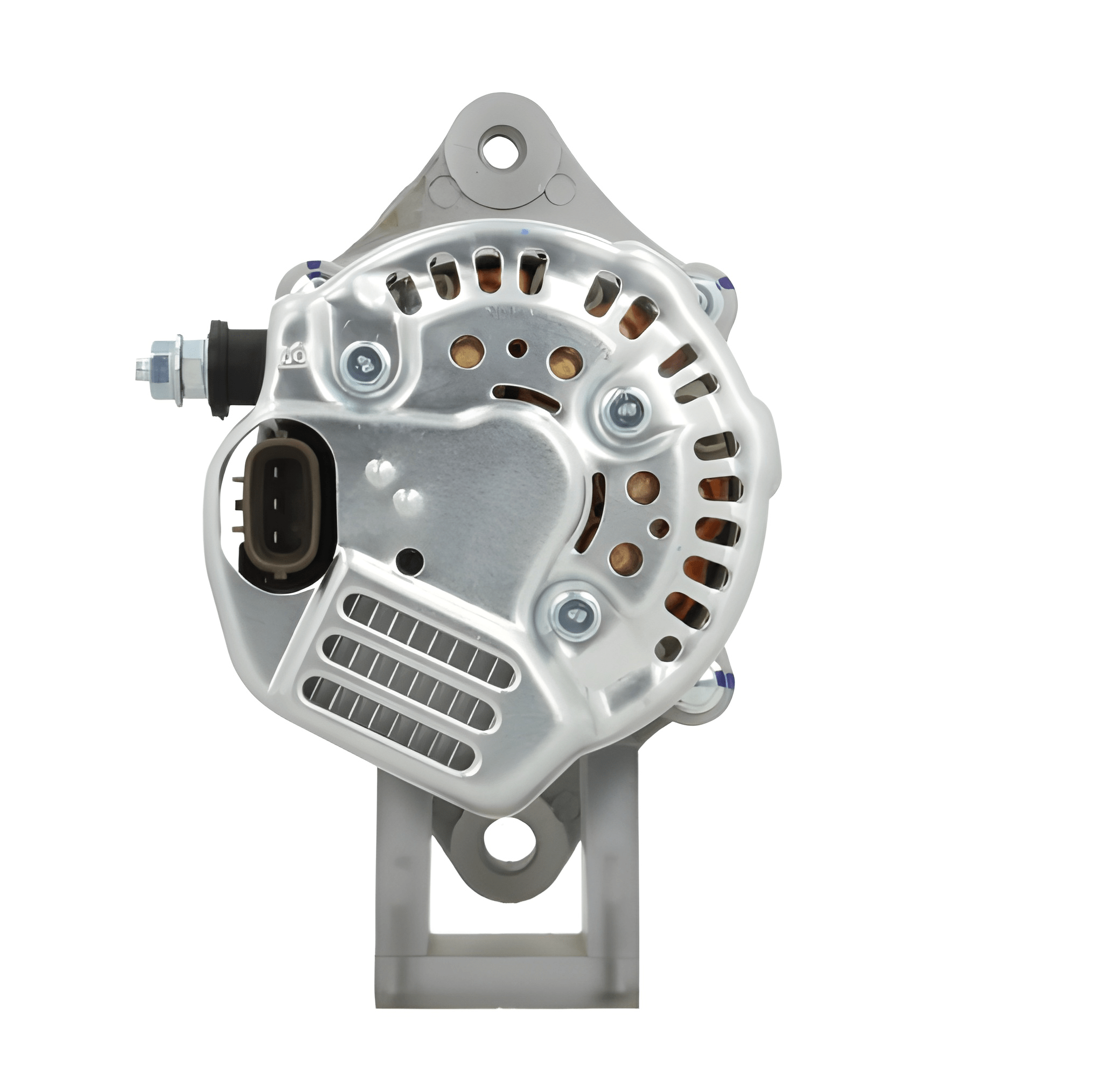 rear view of A new Kubota 40A alternator, showcasing a metallic body with a pulley and connection ports. on a white background