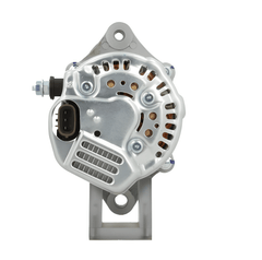 rear view of A new Kubota 40A alternator, showcasing a metallic body with a pulley and connection ports. on a white background