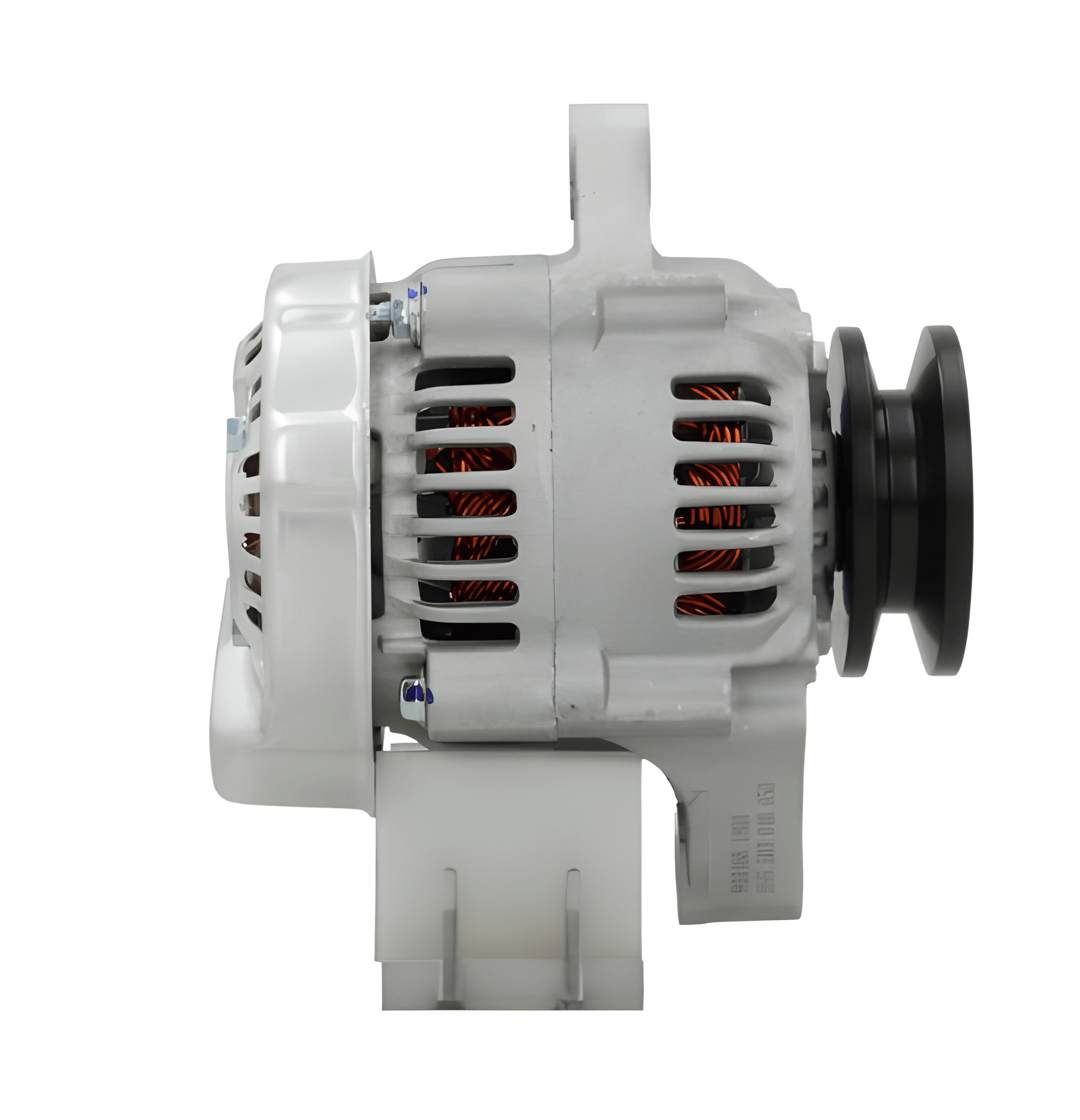 side view of A new Kubota 40A alternator, showcasing a metallic body with a pulley and connection ports. on a white background