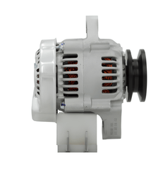 side view of A new Kubota 40A alternator, showcasing a metallic body with a pulley and connection ports. on a white background