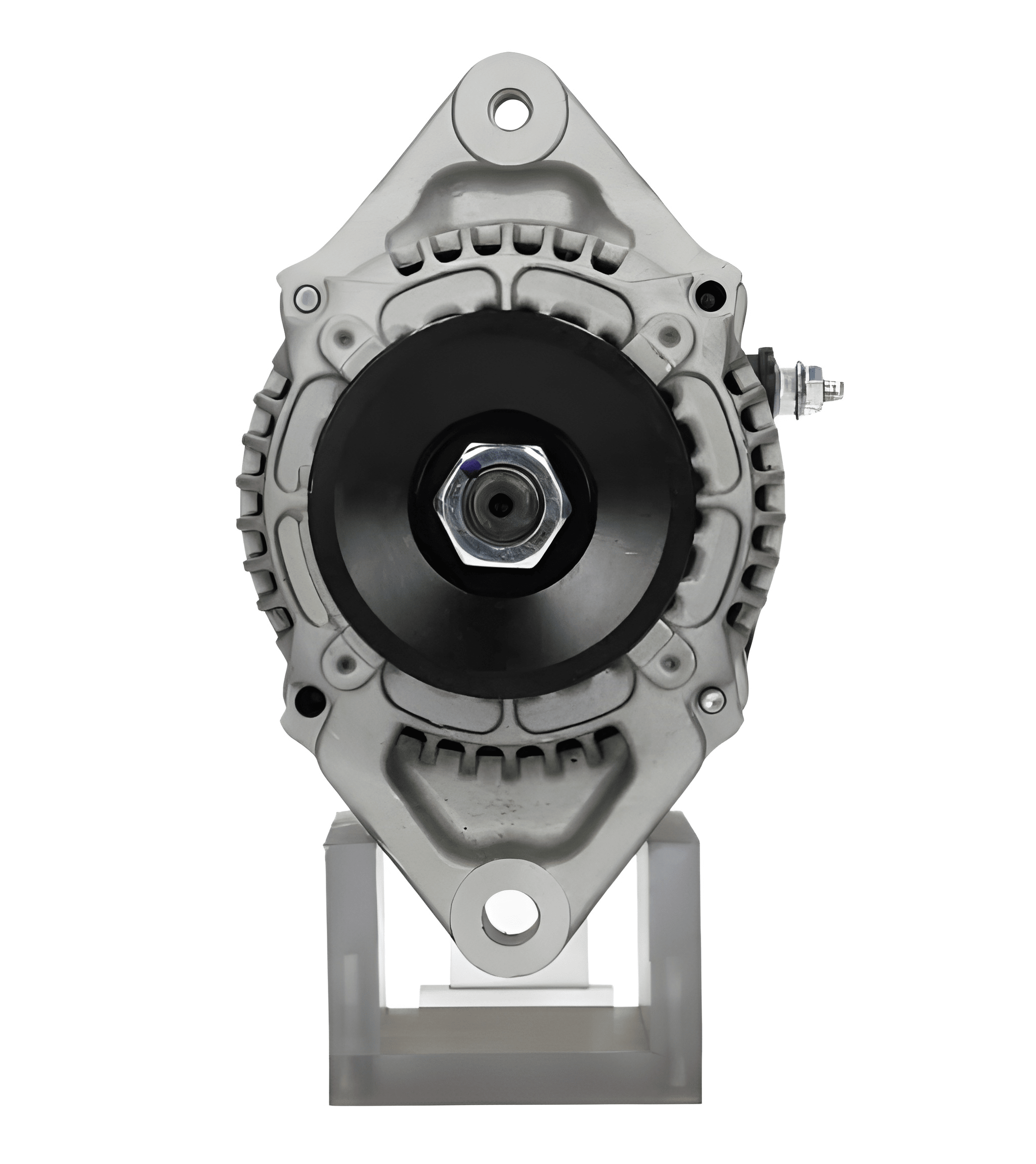 front view of A new Kubota 60A alternator with a gray color, metal body, and a free wheel pulley. on a white background