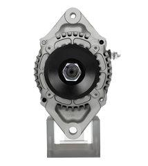 front view of A new Kubota 60A alternator with a gray color, metal body, and a free wheel pulley. on a white background