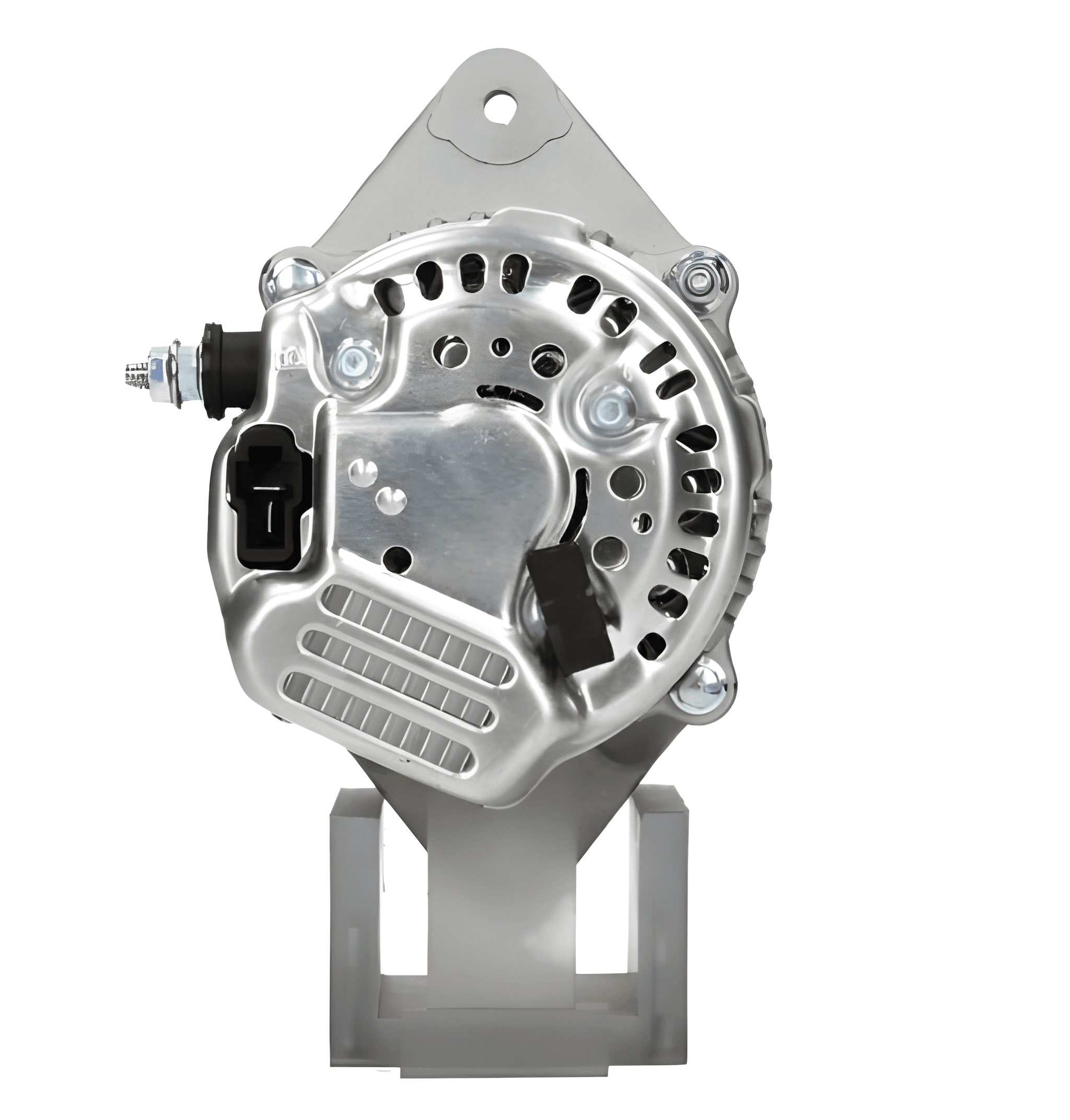 back view of A new Kubota 60A alternator with a gray color, metal body, and a free wheel pulley. on a white background