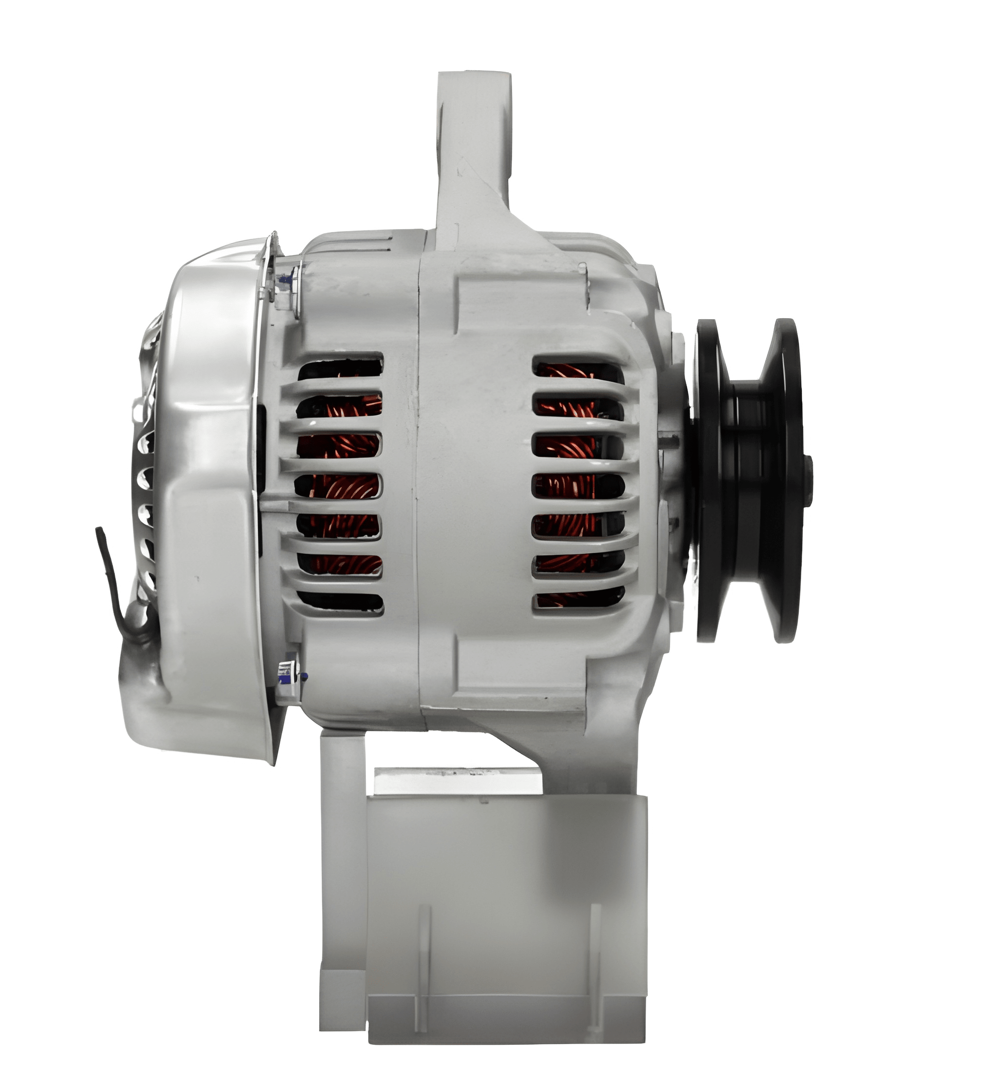 side view of A new Kubota 60A alternator with a gray color, metal body, and a free wheel pulley. on a white background