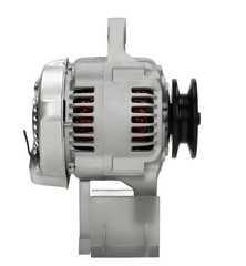 side view of A new Kubota 60A alternator with a gray color, metal body, and a free wheel pulley. on a white background