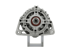 front view of A new aftermarket Perkins 12V 65 Amps alternator, featuring a metal body with wiring and a gray color.