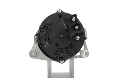 rear view of A new aftermarket Perkins 12V 65 Amps alternator, featuring a metal body with wiring and a gray color.
