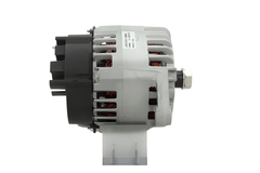 side profile view of A new aftermarket Perkins 12V 65 Amps alternator, featuring a metal body with wiring and a gray color.