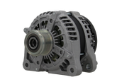 A new aftermarket alternator for Land Rover vehicles, featuring a metal body with fin design for cooling, a pulley, and mounting holes.