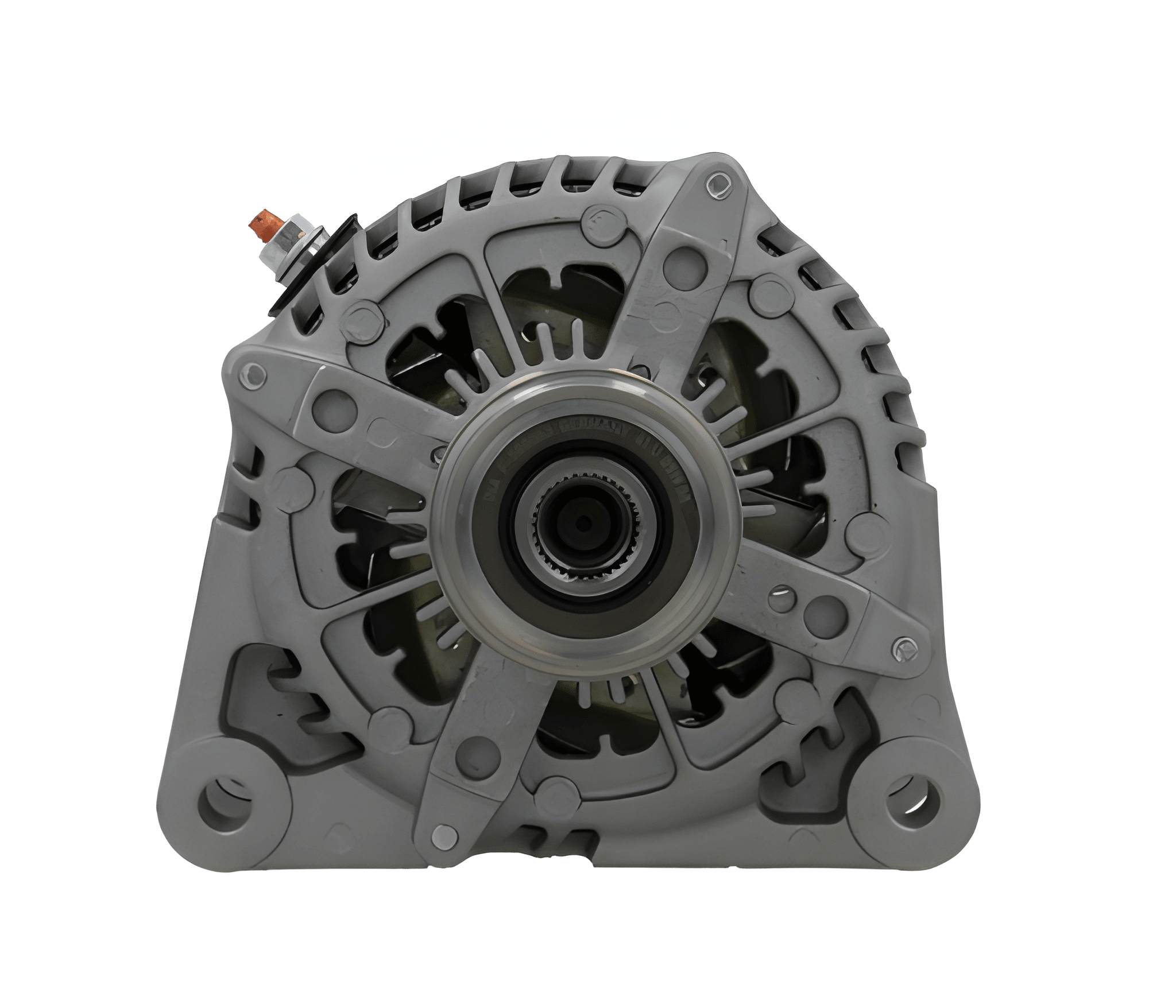 front view of A new aftermarket alternator for Land Rover and jaguar vehicles, featuring a metal body with fin design for cooling, a pulley, and mounting holes. on a white background