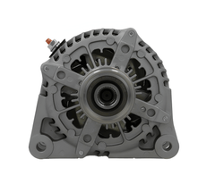 front view of A new aftermarket alternator for Land Rover and jaguar vehicles, featuring a metal body with fin design for cooling, a pulley, and mounting holes. on a white background
