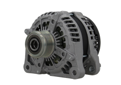 A new aftermarket alternator for Land Rover vehicles, featuring a metal body with fin design for cooling, a pulley, and mounting holes.