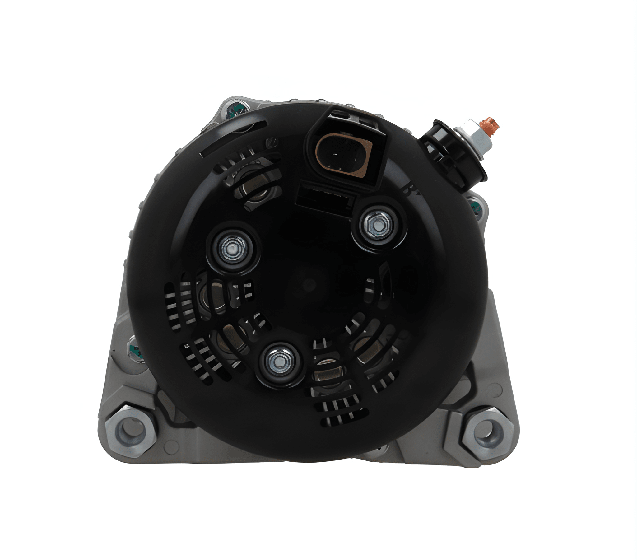 rear view of A new aftermarket alternator for Land Rover vehicles, featuring a metal body with fin design for cooling, a pulley, and mounting holes.