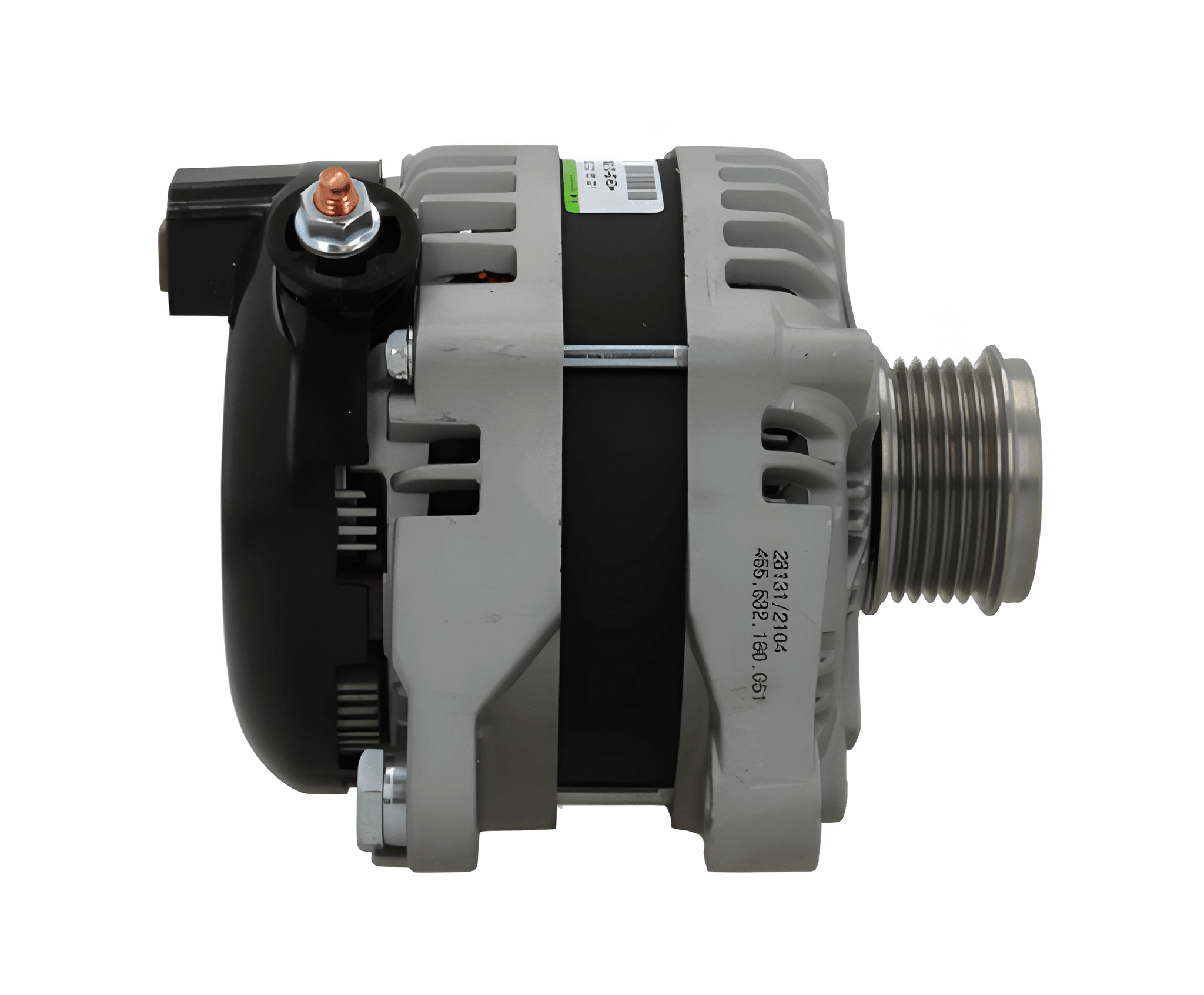 side view of A new aftermarket alternator for Land Rover vehicles, featuring a metal body with fin design for cooling, a pulley, and mounting holes.