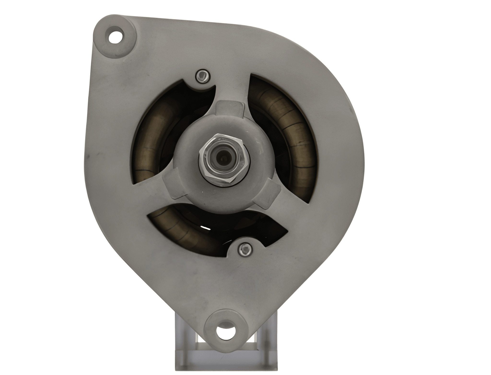 front view of A new Massey Ferguson 22A alternator, showing a black motor housing with mounting points and electrical connectors. on a white background