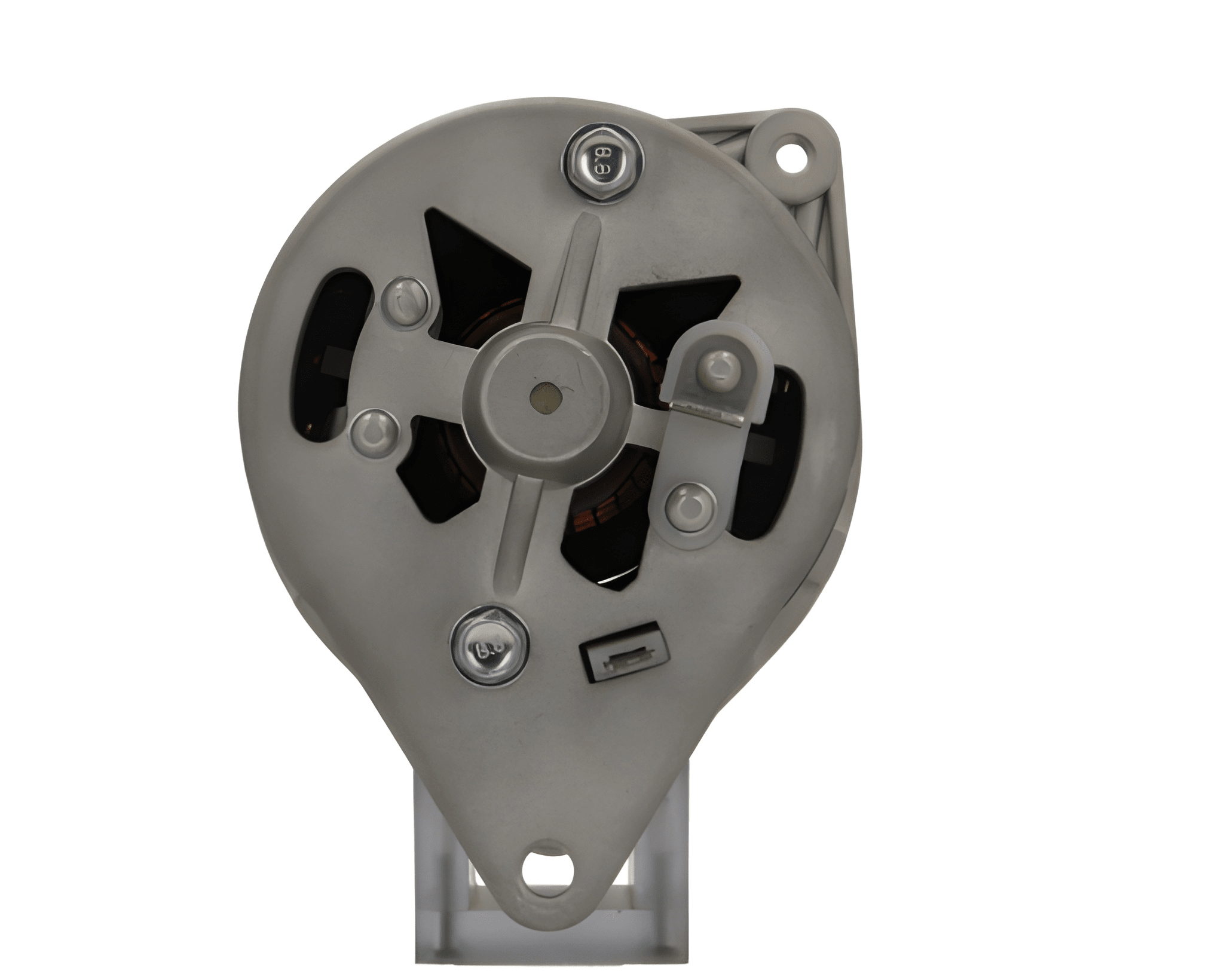 back view of A new Massey Ferguson 22A alternator, showing a black motor housing with mounting points and electrical connectors. on a white background