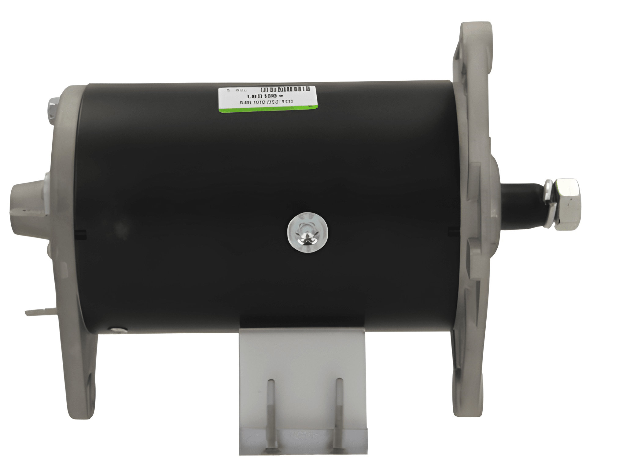 side view of A new Massey Ferguson 22A alternator, showing a black motor housing with mounting points and electrical connectors. on a white background