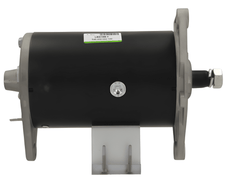 side view of A new Massey Ferguson 22A alternator, showing a black motor housing with mounting points and electrical connectors. on a white background