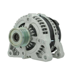 A new aftermarket alternator for Ford vehicles, with a metal body and a free wheel pulley.