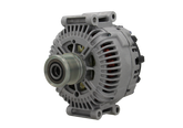 A new 180Amp, v12 aftermarket alternator with a metal body, a pulley, and connectors for a vehicle's electrical system. fits mercedes, chrysler and jeep vehicles
