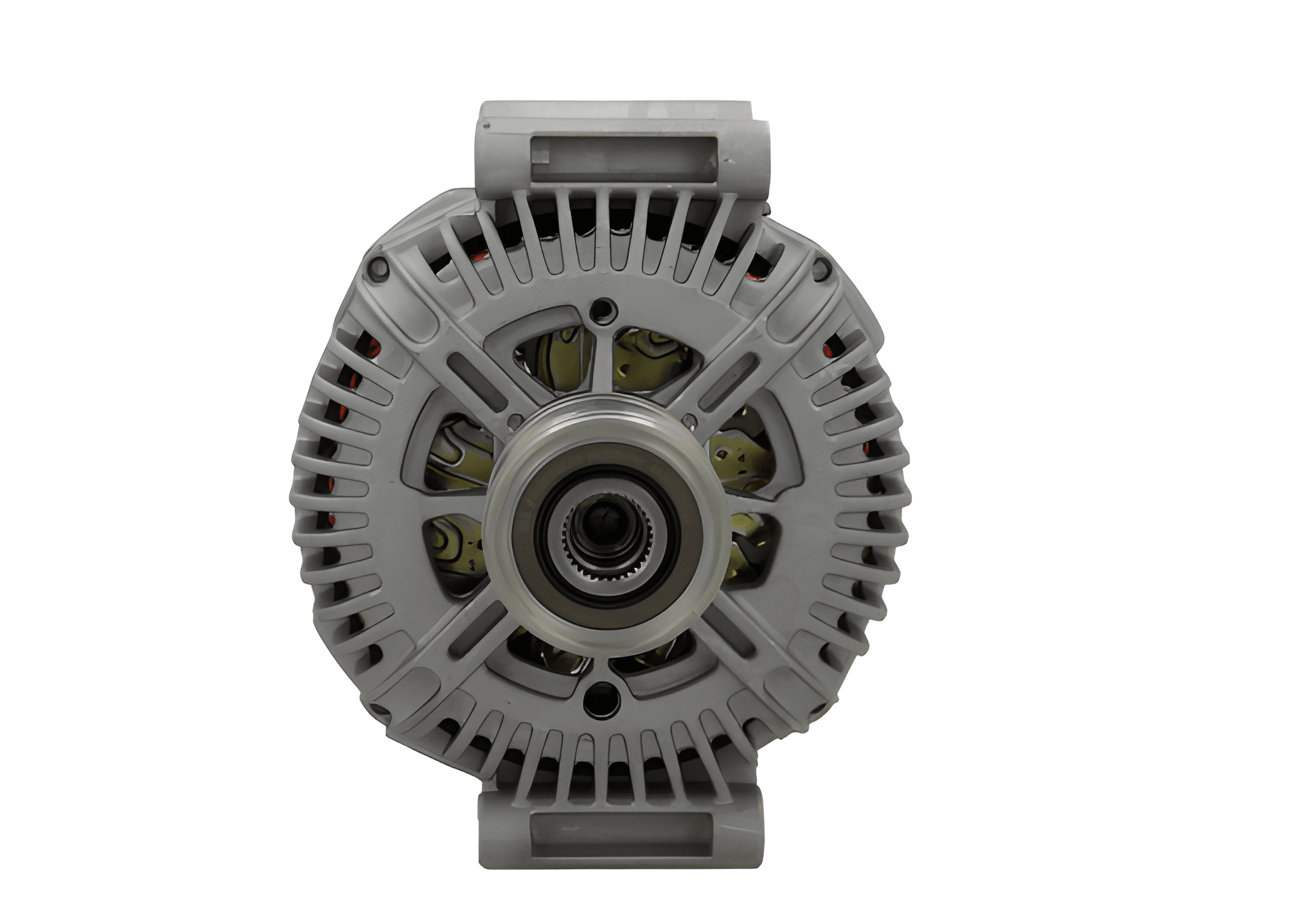 front view of A new 180Amp, v12 aftermarket alternator with a metal body, a pulley, and connectors for a vehicle's electrical system. fits mercedes, chrysler and jeep vehicles