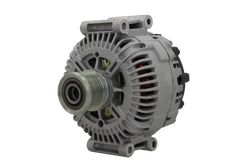 A new 180Amp, v12 aftermarket alternator with a metal body, a pulley, and connectors for a vehicle's electrical system. fits mercedes, chrysler and jeep vehicles