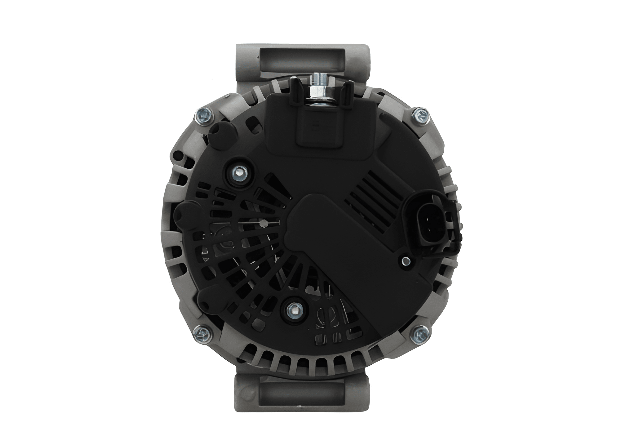 rear view of A new 180Amp, v12 aftermarket alternator with a metal body, a pulley, and connectors for a vehicle's electrical system. fits mercedes, chrysler and jeep vehicles