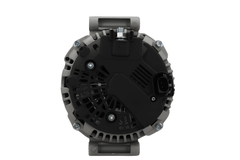 rear view of A new 180Amp, v12 aftermarket alternator with a metal body, a pulley, and connectors for a vehicle's electrical system. fits mercedes, chrysler and jeep vehicles