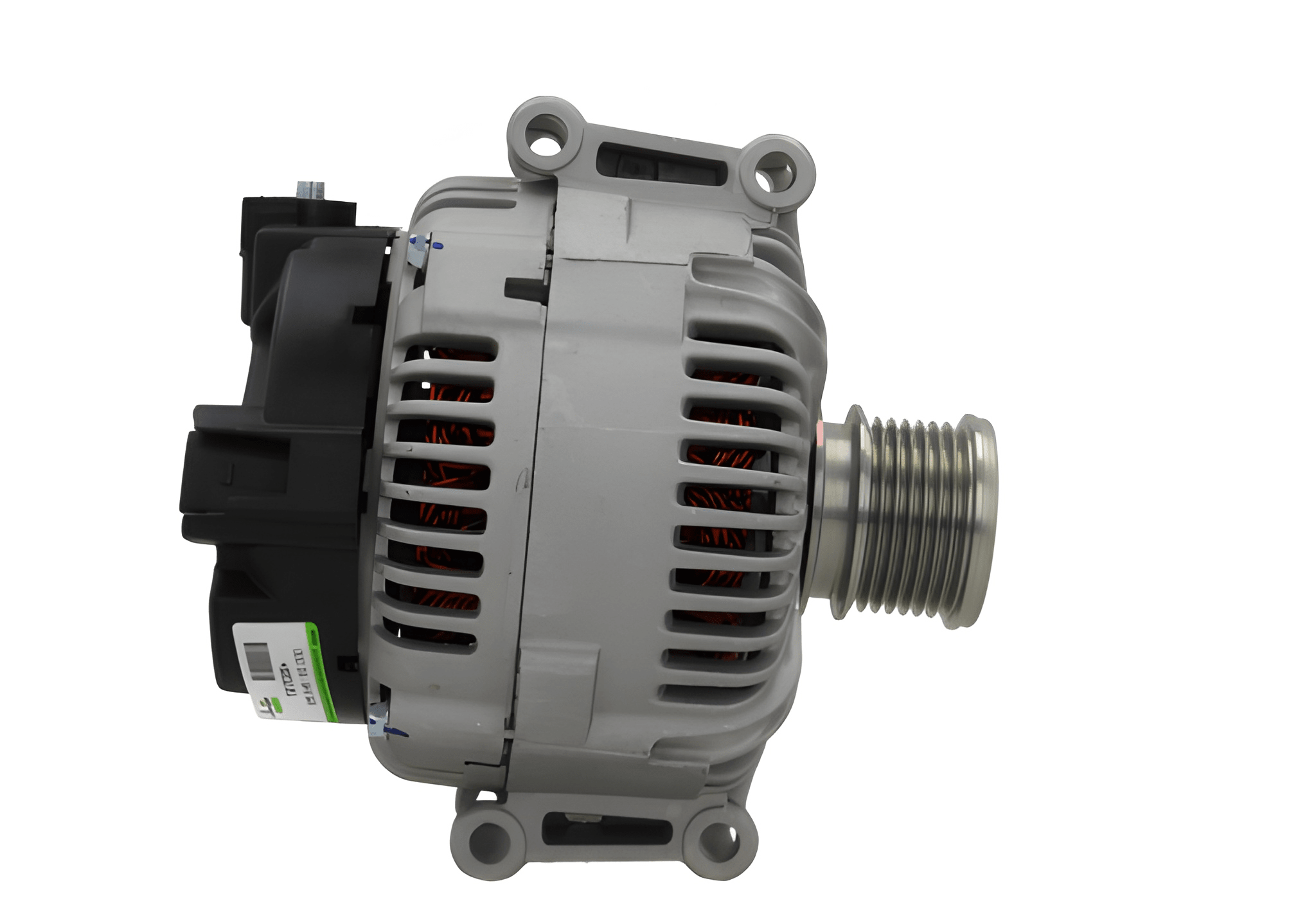 side view of A new 180Amp, v12 aftermarket alternator with a metal body, a pulley, and connectors for a vehicle's electrical system. fits mercedes, chrysler and jeep vehicles