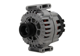 A new aftermarket alternator for Mercedes vehicles, featuring a metal body with a gray and black color scheme, multiple mounting holes, and a free wheel pulley.