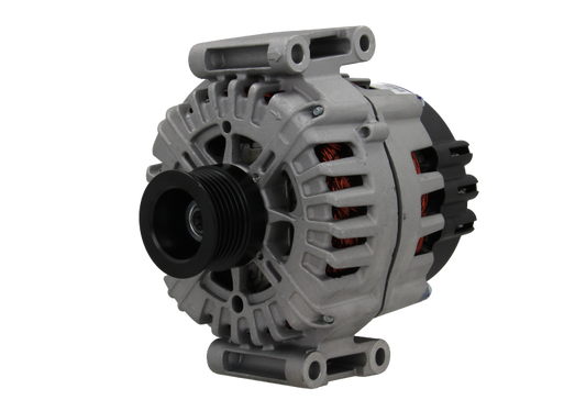 A new aftermarket alternator for Mercedes vehicles, featuring a metal body with a gray and black color scheme, multiple mounting holes, and a free wheel pulley.