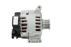 side profile view of A silver 12V, 120amp alternator with a 49.3 mm pulley and 6 grooves, designed for Mini, renault and citroen vehicles.