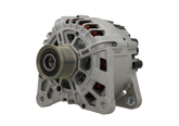 A silver 12V alternator for Nissan, Renault, Lada, Vauxhall and opel vehicles, 150A, showing the front view with mounting holes and a pulley.