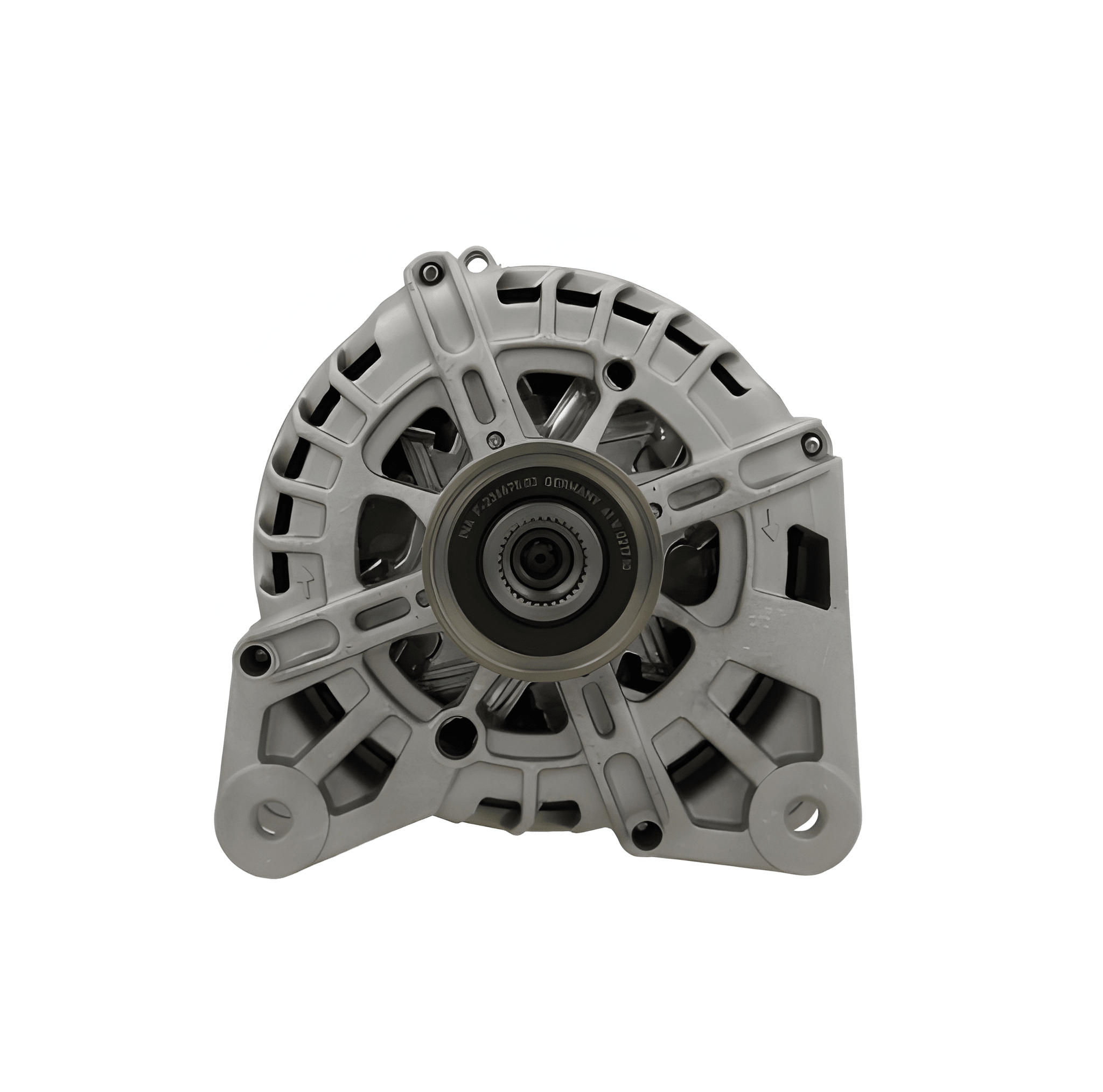A silver 12V alternator for Nissan, Renault, Lada, Vauxhall and opel vehicles, 150A, showing the front view with mounting holes and a pulley.