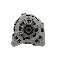 A silver 12V alternator for Nissan, Renault, Lada, Vauxhall and opel vehicles, 150A, showing the front view with mounting holes and a pulley.