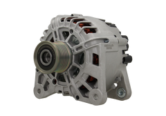 A silver 12V alternator for Nissan, Renault, Lada, Vauxhall and opel vehicles, 150A, showing the front view with mounting holes and a pulley.
