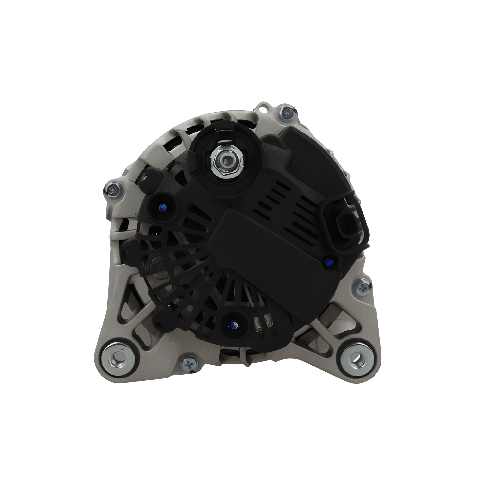 A silver 12V alternator for Nissan, Renault, Lada, Vauxhall and opel vehicles, 150A, showing the rear view showing connectors and plugs