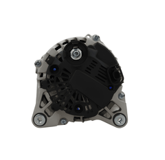 A silver 12V alternator for Nissan, Renault, Lada, Vauxhall and opel vehicles, 150A, showing the rear view showing connectors and plugs