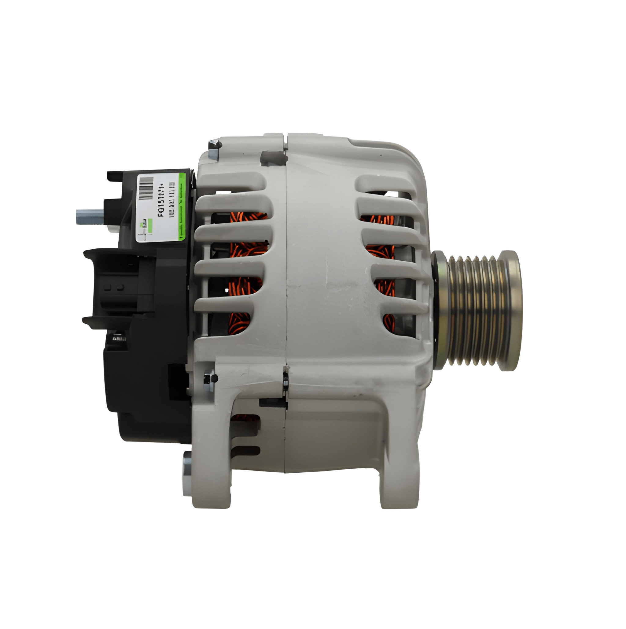 A silver 12V alternator for Nissan, Renault, Lada, Vauxhall and opel vehicles, 150A, showing the side view with barcode label holes and a pulley.