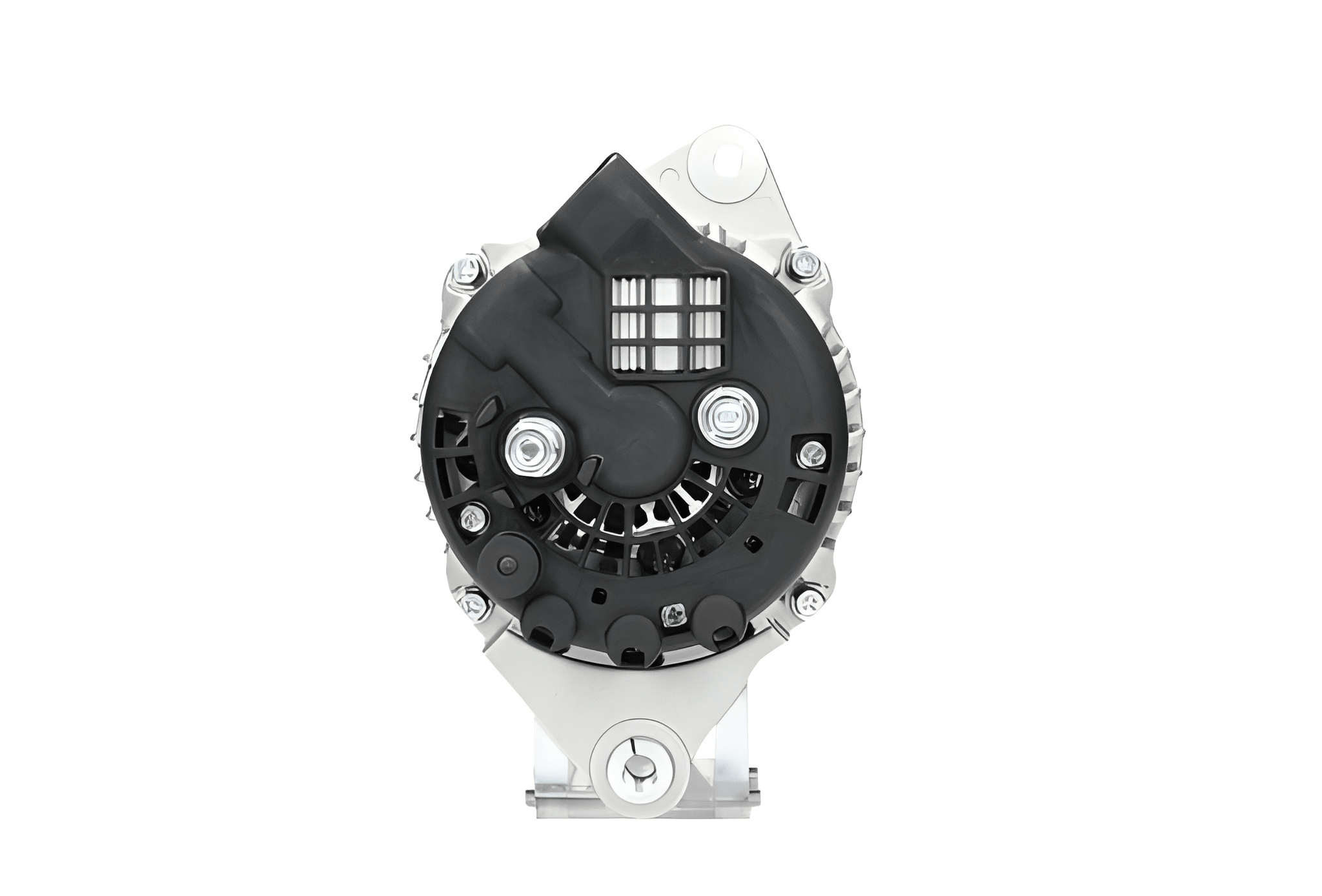 rear view ofA new 12V 100Amps aftermarket alternator for Opel/vauxhall Astra vehicles, featuring a metal body with wiring and a pulley system.