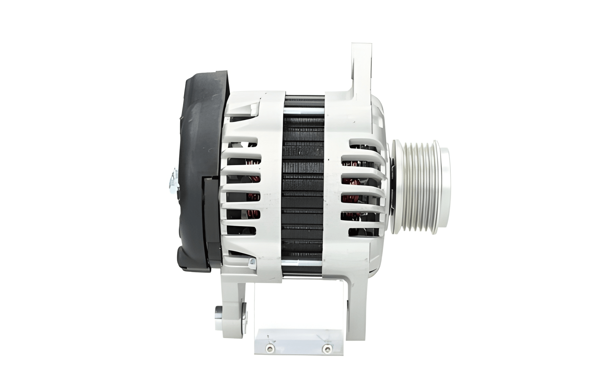 side view ofA new 12V 100Amps aftermarket alternator for Opel/vauxhall Astra vehicles, featuring a metal body with wiring and a pulley system.