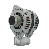 A new aftermarket alternator for Opel vehicles, featuring a metal body with a gray and silver color scheme, standard design for automotive alternators.