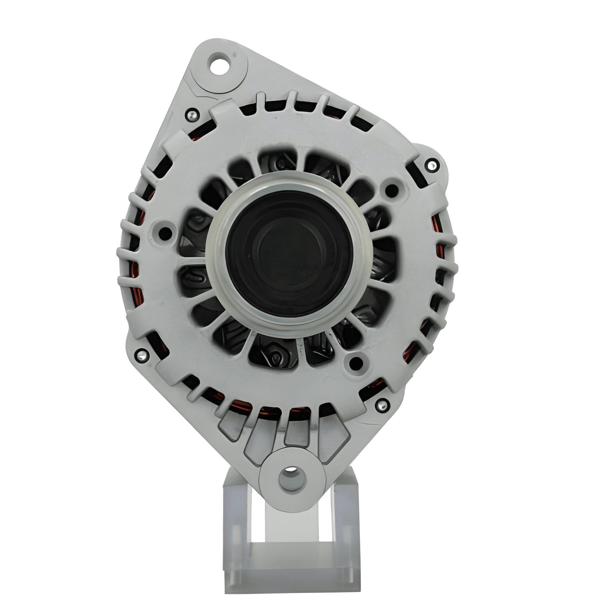 A new aftermarket alternator for Opel vehicles, featuring a metal body with a gray and silver color scheme, standard design for automotive alternators.